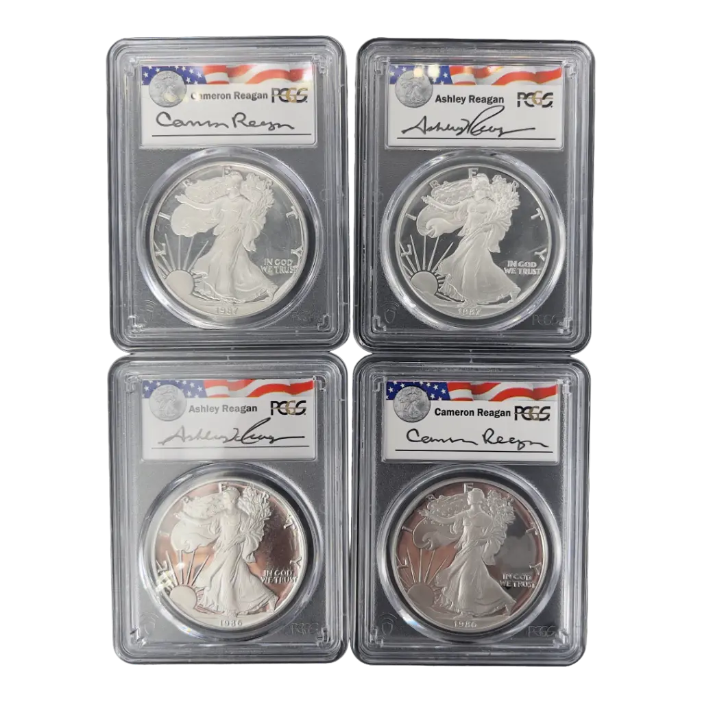 1oz - 1986/87 - American Eagles - Rare Regan signed - PCGS PR69 certified - front - group.webp