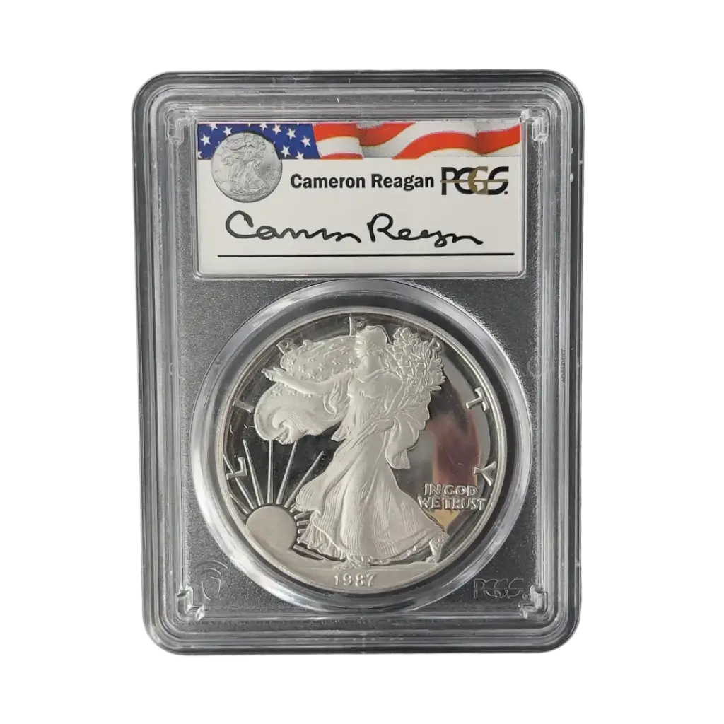 1盎司 - 1986/87 - 稀有里根签名 - 美国鹰扬银币 - PCGS PR69 认证！