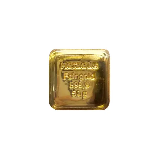 [50g_gold_Heraeus_HK_tamper_cast] 50g - 9999 Gold - Cast Bar - Hong Kong Tamper-proof