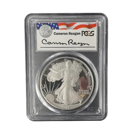 [1oz_silver_eagle_1986-87_coin] 1盎司 - 1986/87 - 稀有里根签名 - 美国鹰扬银币 - PCGS PR69 认证！